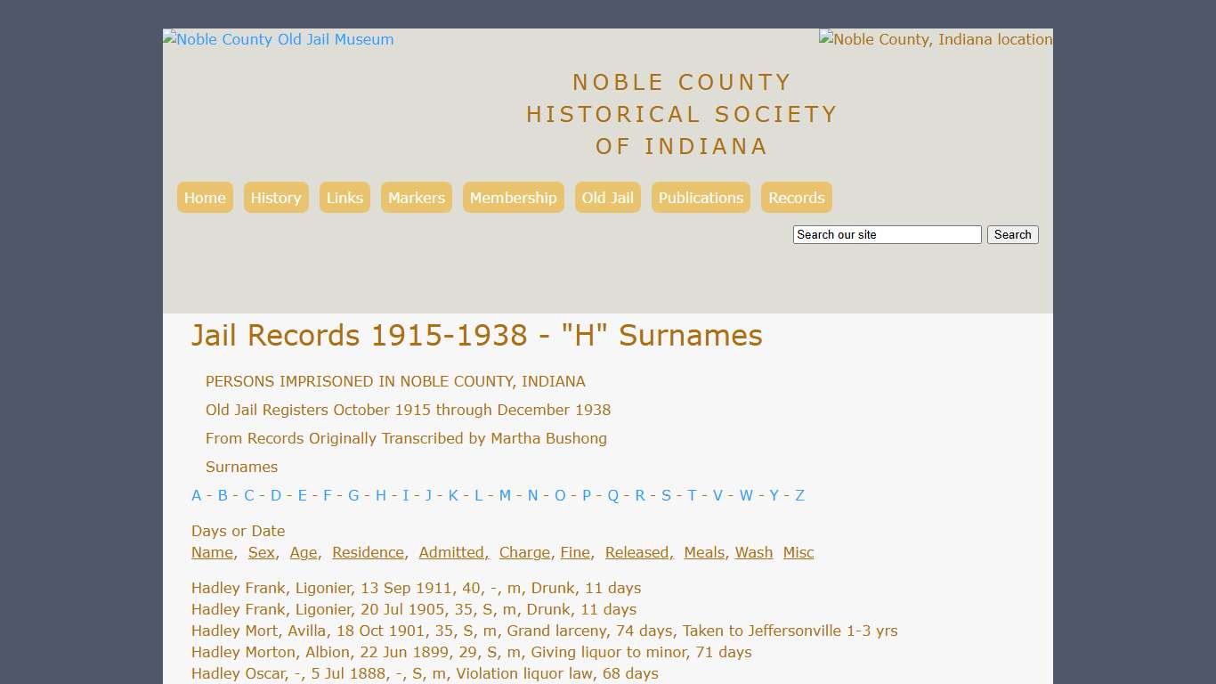 Jail Records 1915-1938 - "H" Surnames from Noble County, Indiana Historical Society